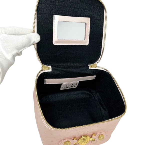 GIANNI VERSACE Vintage Logo Sun Vanity Bag Leather Pink Gold Zip Mirror [101776] - Picture 11 of 12